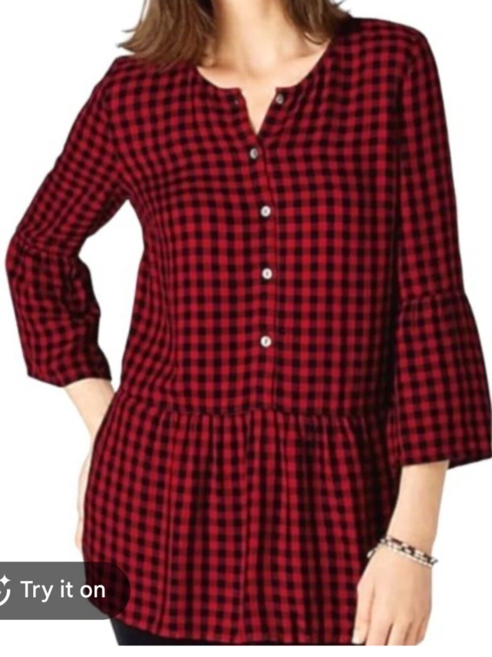 J Jill Size M Petite Blouse Peplum Buffalo Check Plaid Red Black Flared Sleeves